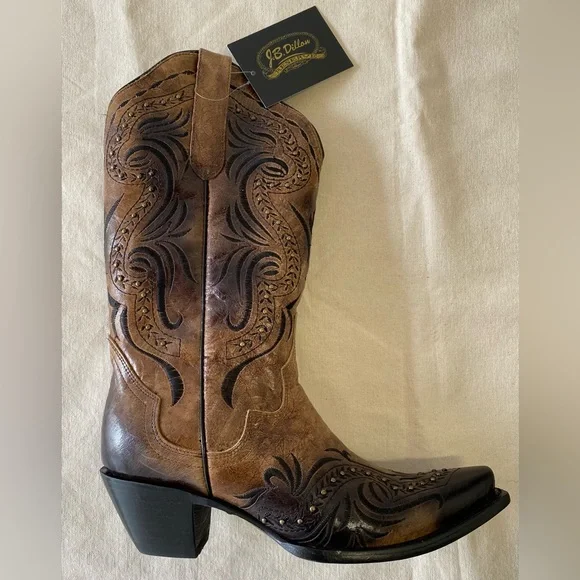 NWT J.B. Dillon Reserve Brown and Black Embroidered Leather Cowboy Boots W11 - Picture 5 of 13